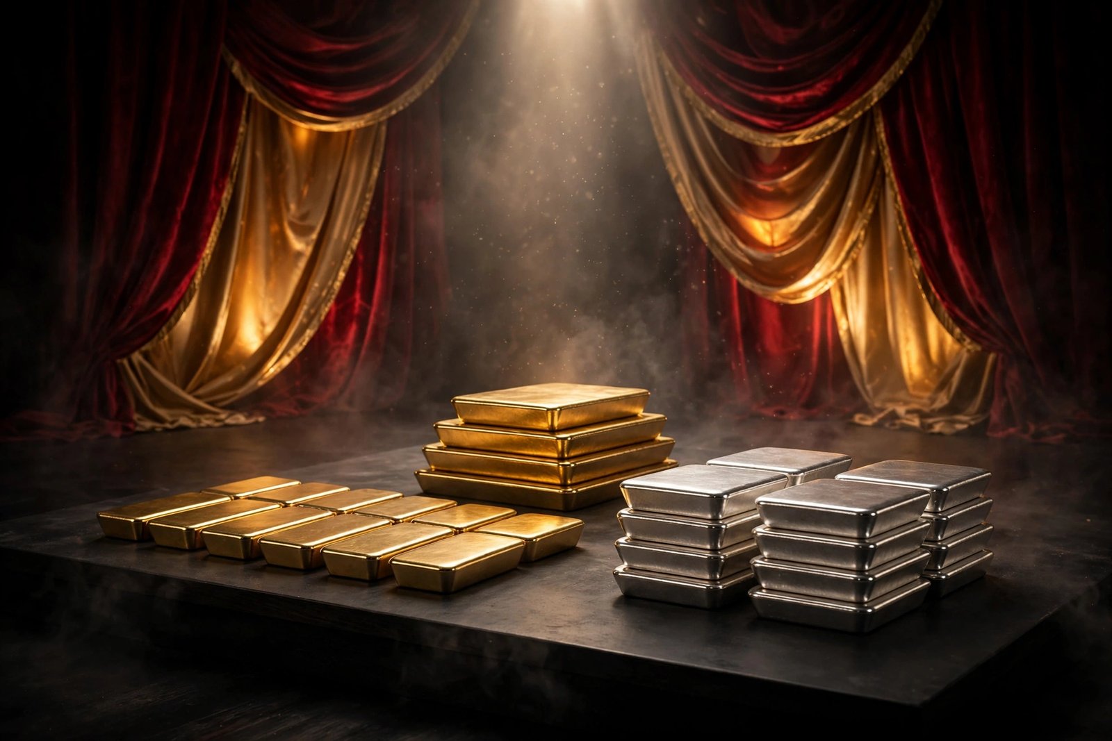 Gold and silver bullion bars on a showcase stage