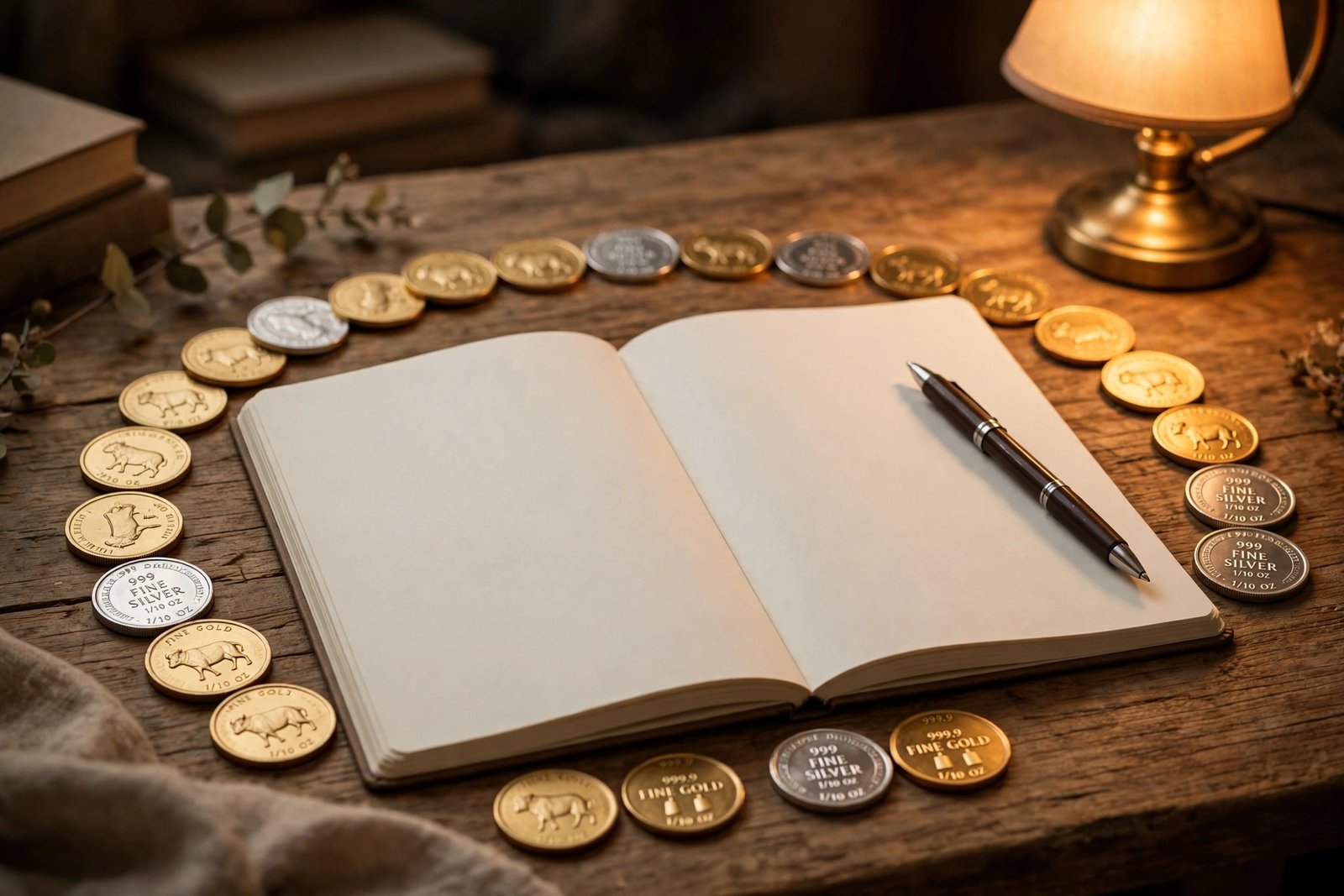 A notebook surrounded by bullion coins