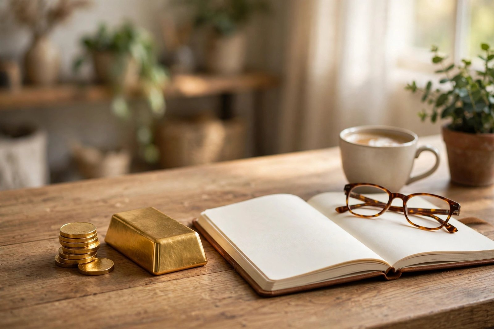 Planning for retirement with gold coins on a desk